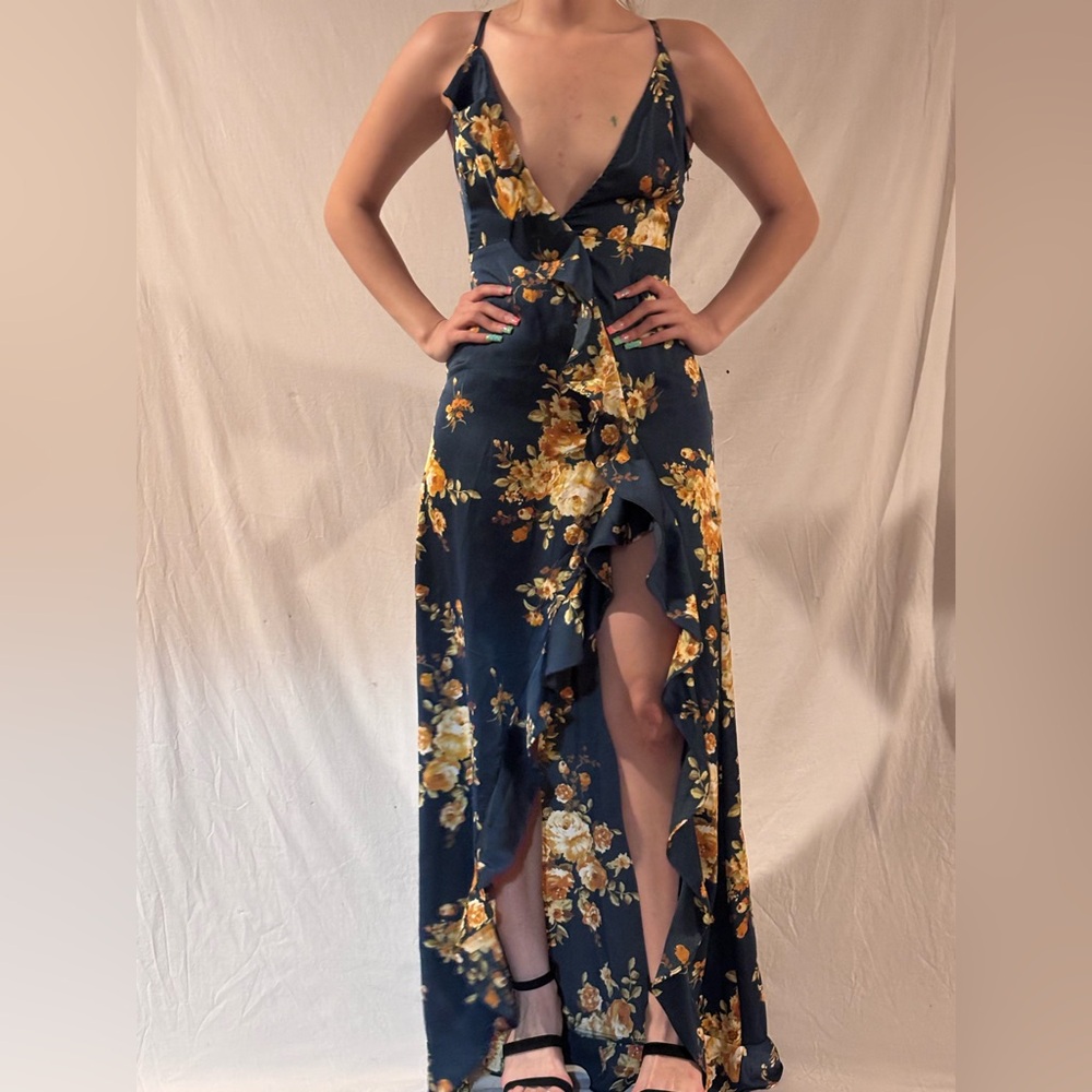 Dress Forum Blue and Yellow Wrap Sundress with Plunge Neckline